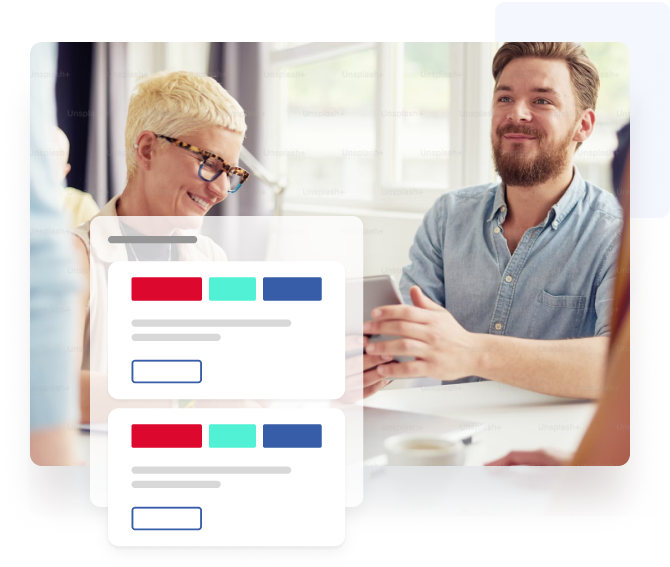 Image of several co-workers talking among themselves where a man and a woman appear. A simulation of the software interface appears in front