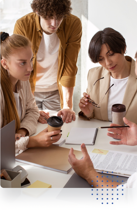 Team meeting where two women and a man appear