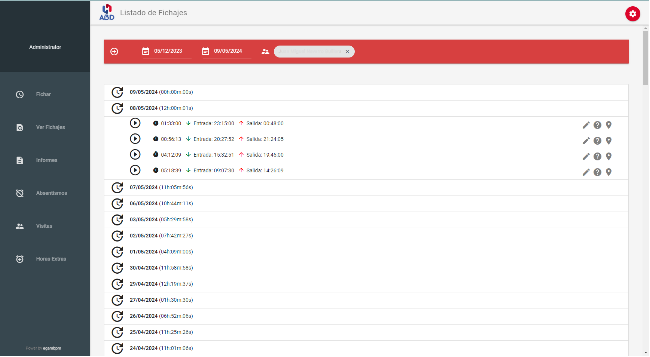 Detail image of the clocking records interface of the eGAM Presence web application